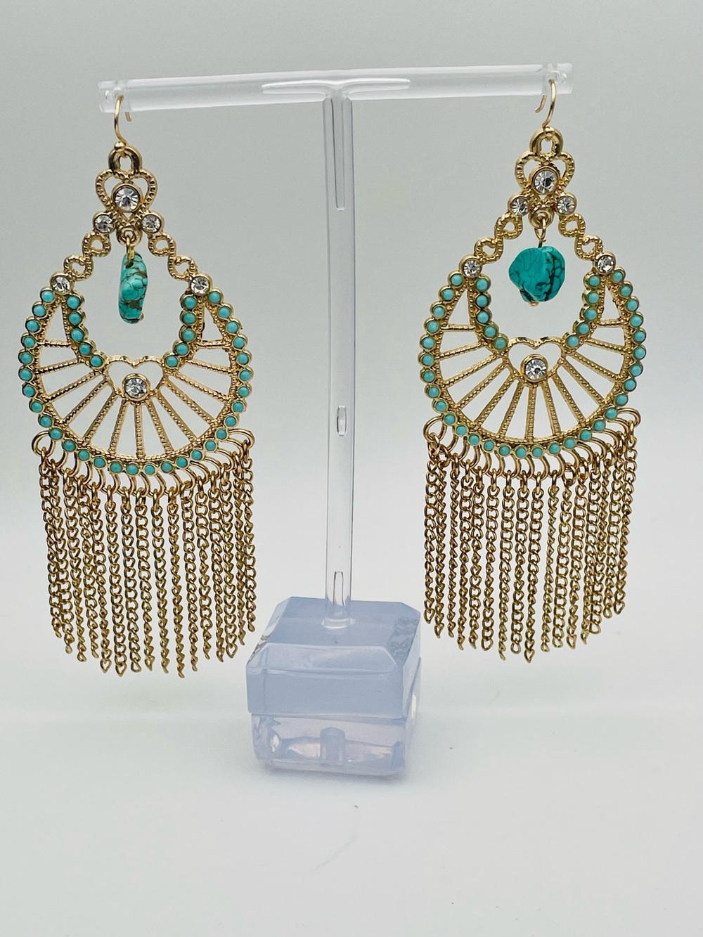 Gold & Turquoise Fringe Drop Earrings - Women Jewelry